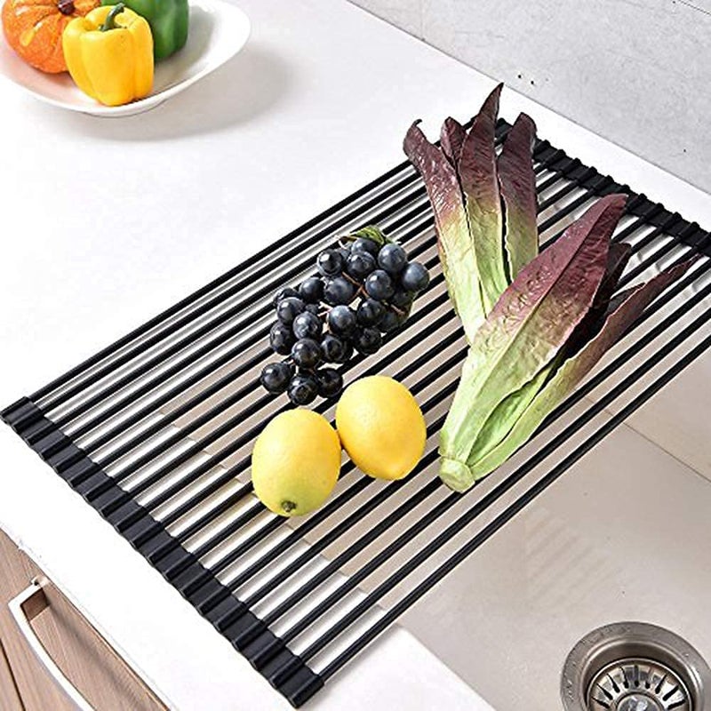 Ahyuan Large Roll up Dish Drying Rack Foldable Dish Rack Over Sink Dish Drainer Roll-up Sink Drying Rack Full Silicone Coated Stainless Still Dish Drying Rack (Matte Black, 20.5''X13.13'') - Image 1